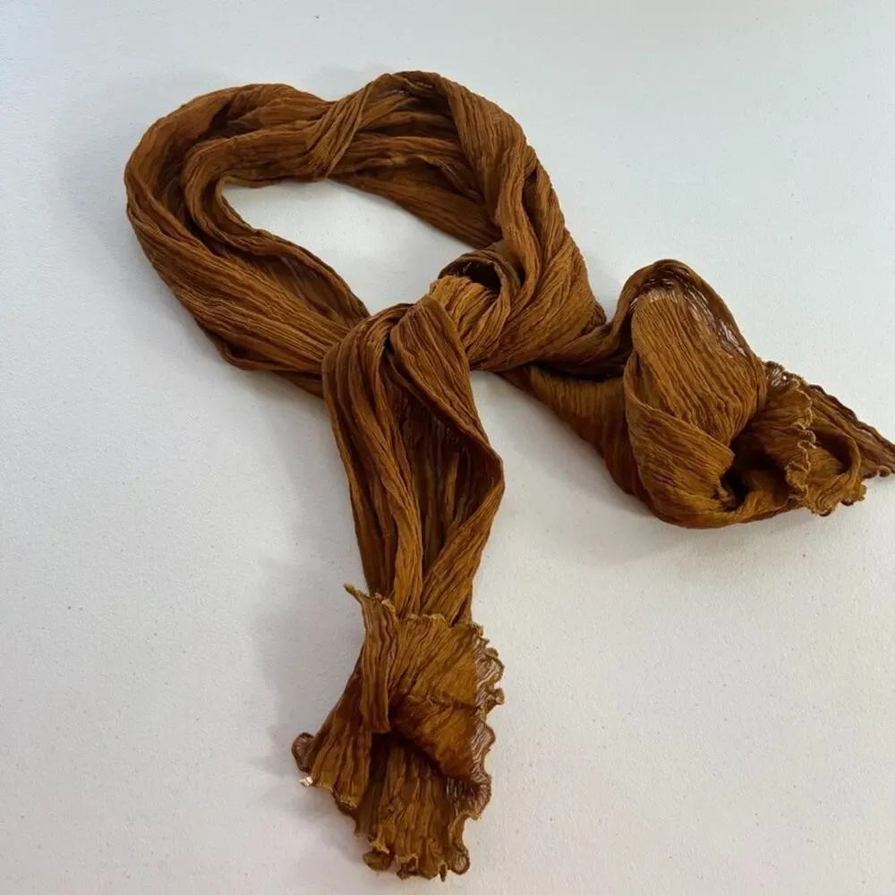 Unbranded Women's Silk Scarf Camel/Gold Sheer Ruffle Rectangle 15